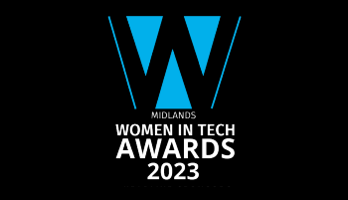 Midlands Women in Tech Awards 2023 - a blue and white logo on a black background